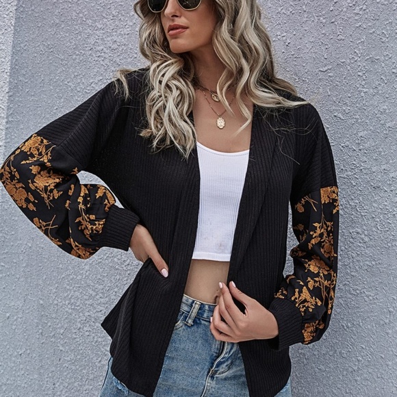 black floral print boho ribbed open front cardigan - Picture 3 of 7